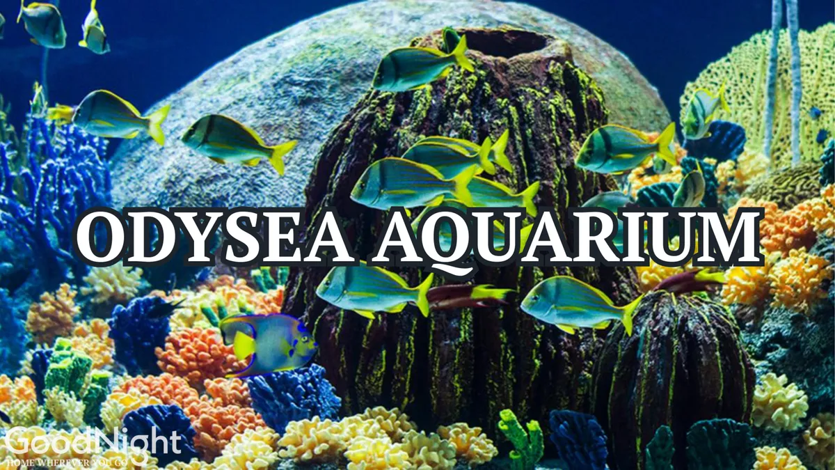 A vibrant interior view of a large aquarium exhibit, filled with colorful coral formations and schools of fish. The central rock structure creates a captivating underwater landscape, inviting families to explore marine life together. The joyful and curious mood is accentuated by interactive displays and the potential for educational tours.