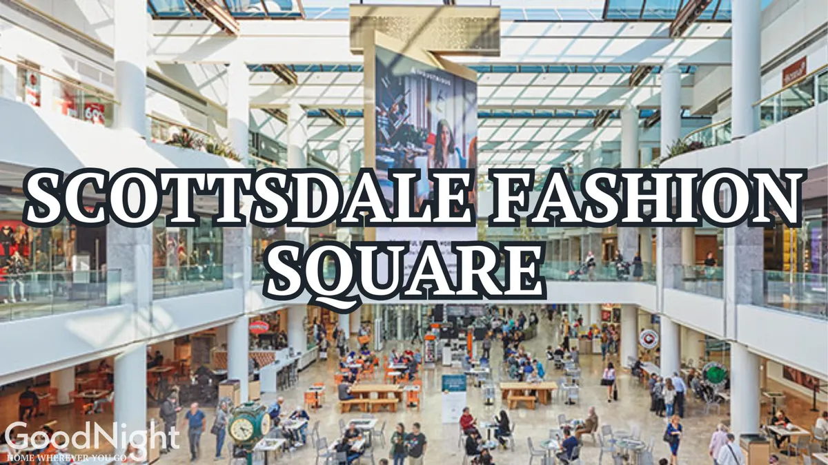 A bright, modern shopping atrium filled with bustling activity. Shoppers wander through upscale boutiques and seating areas, while a digital display highlights events. The energetic atmosphere reflects the lively retail environment mentioned in the section.